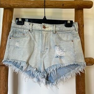 Divided Light Wash Distressed Jean Shorts